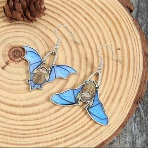 Bat Earrings Blue Silver Plated Enameled Halloween